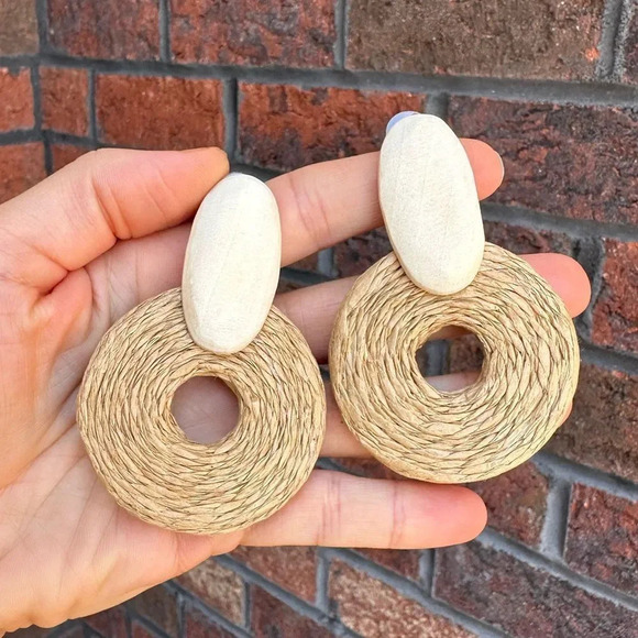 Selina Boho Raffia Rattan Drop Earrings - Picture 2 of 8